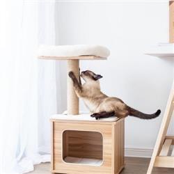 Wooden Cat Tree with Jute Rope Covered Scratching Post and Condo