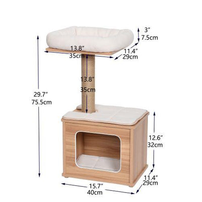 Wooden Cat Tree with Jute Rope Covered Scratching Post and Condo